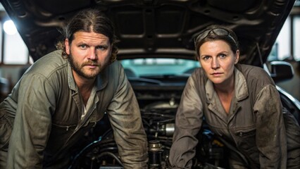 Two mechanics working on a car engine in an industrial setting.