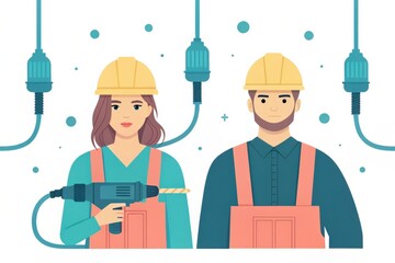 Illustration of two construction workers with tools in a modern design.