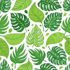 Lush green tropical leaves seamless pattern. Various shades of botanical illustrations. Bright and fresh plants on a white background. Nature themed wallpaper.