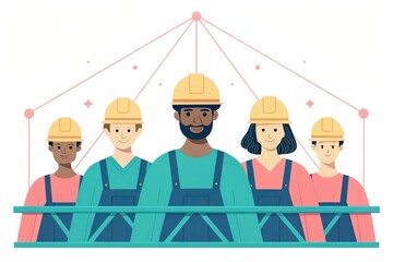 Group of diverse construction workers in helmets and overalls, ready for teamwork.