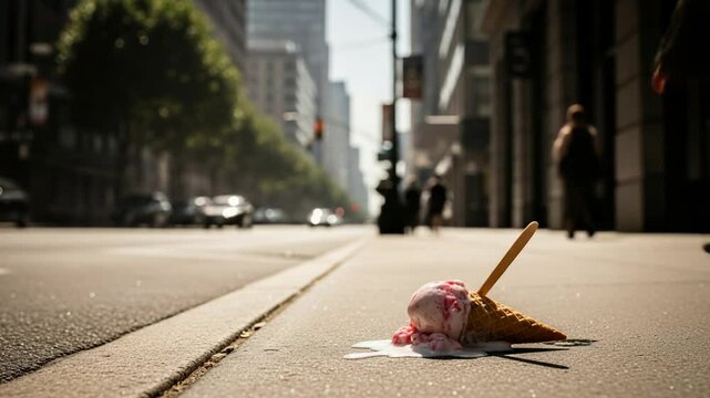 Spilled Ice Cream Cone on City Sidewalk Depicting Summer Heat and Disappointment