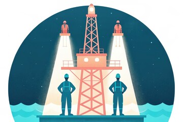 Oil rig depicted at night with workers using lights, showcasing offshore operations.