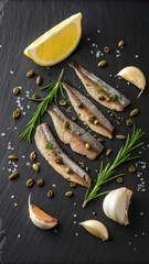FlatLay with Mediterranean Anchovy Fillets, Capers, Garlic and Lemon on Slate
