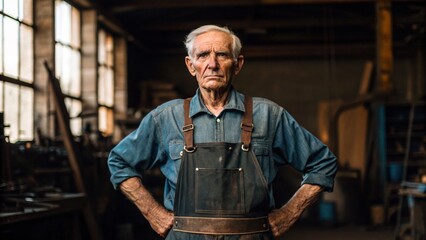 An elderly man stands confidently in a workshop, wearing denim and a serious expression.