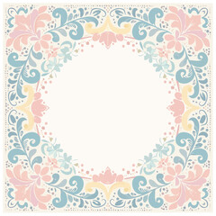 Floral Frame with Pastel Ornament Border: Delicate Circular Design with Pink, Blue, and Yellow Flowers