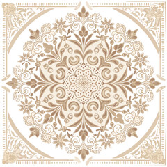 Ornamental Flower Pattern with Filigree and Frame on Black Background