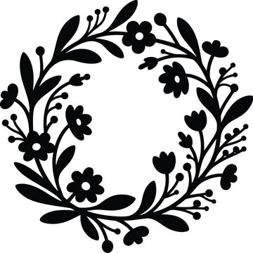 Elegant Floral Wreath Black and White Silhouette Design for Invitations, Cards, and Crafts
