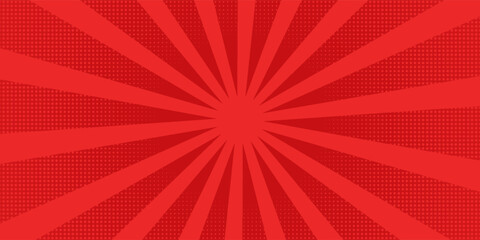 Red comic sunburst effect background with halftone. pop art comic-style vector background. Suitable for templates, sale banners, events, ads, web and pages