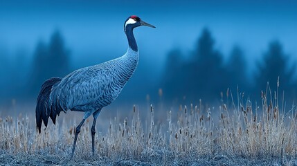 Naklejka premium Elegant crane in a frosted field at dawn.