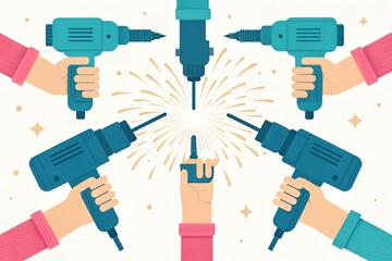 Hands holding drills creating sparks in a vibrant, illustrative composition.
