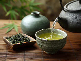 Japanese Green Tea Ceremony Pouring Ceremony and Tea Leaves