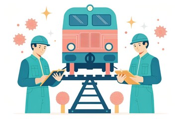 Two workers inspecting a colorful train on a track with stylized elements around them.