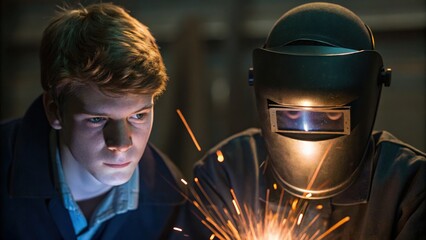 Two individuals engaged in welding, showcasing sparks and focused expressions.