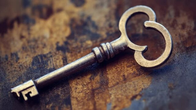 A single metal key placed on a wooden table surface.
