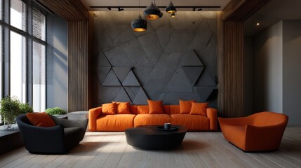 Bold, modern living room a bright orange sofa, sleek black furniture, geometric wall art, sharp side lighting creating
