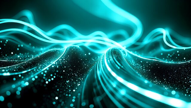 Neon blue light waves flow over a dark, textured surface with glowing particles, creating a futuristic and dynamic digital landscape.