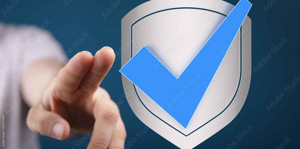 Poster Hand reaching for a digital shield with a checkmark, symbolizing data protection and online security.
