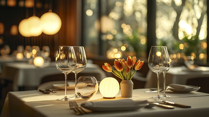 Fototapeta premium Elegant dining interior with tulip centerpiece and soft lighting creates warm atmosphere