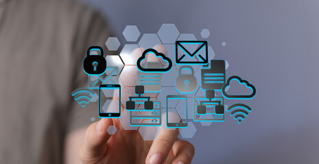 Image depicts secure cloud data, network technology, and mobile access. Ideal for tech, IT, and...