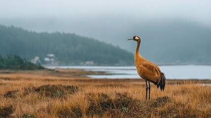 Fototapeta premium Crane standing in a field of golden grasses overlooking a body of water.