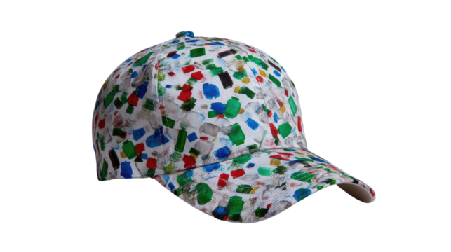 Trendy Patchwork Hat: A trendy cap featuring a patchwork of white, red, blue, and green hues on a soft and light fabric.