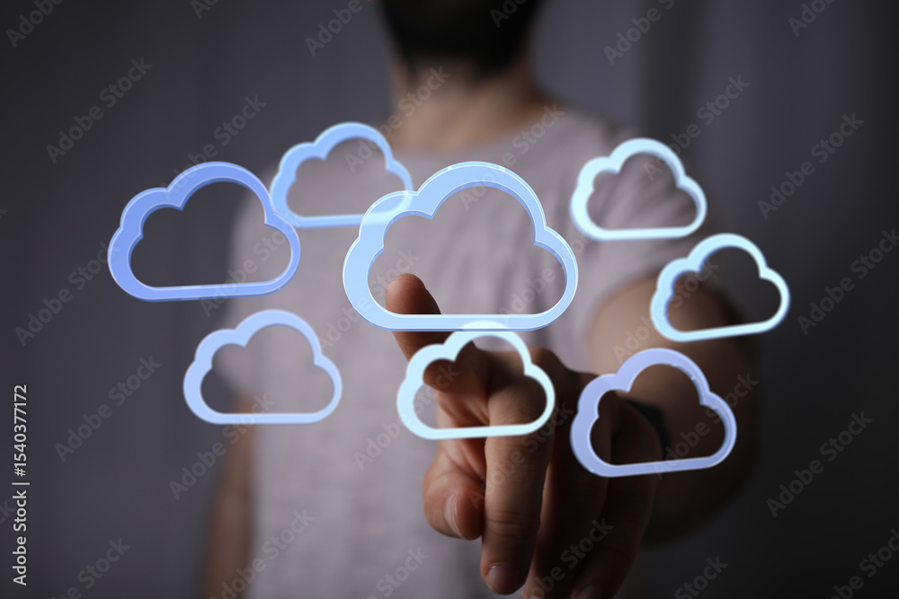 Poster high-quality image depicting cloud computing, data storage, network security, and digital technology