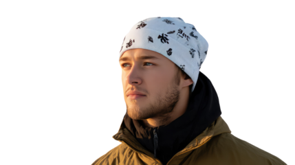 Contemplative Vision: A focused individual gazes towards the horizon, the interplay of light and shadow highlighting the lines of concentration and thoughtful focus, suggesting deep introspection.