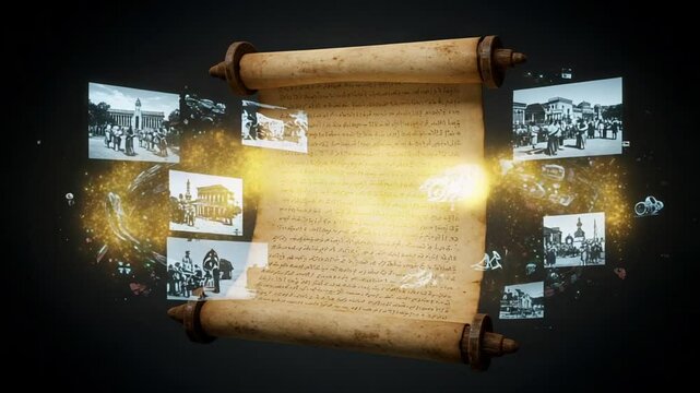 Ancient scroll with historical images floating around