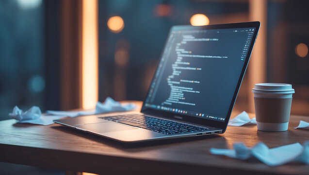Laptop displaying code next to coffee cup on a wooden table in a soft focus office setting