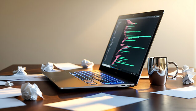 Laptop displaying code on a wooden desk with coffee mug and crumpled papers.