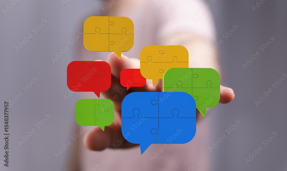 Poster Abstract image of puzzle pieces forming speech bubbles, representing communication and collaboration.