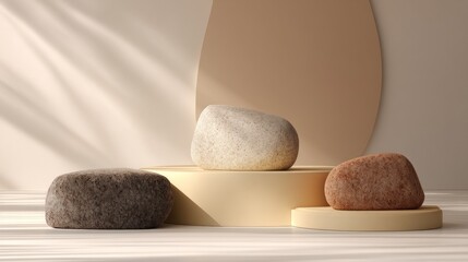 Three smooth stones on pastel podiums, sunlit display