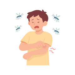 Sad boy scratching mosquito bite on arm. Cartoon child with red itchy skin surrounded by flying insects. Concept of insect allergy, summer pests, mosquito attack, discomfort and itching.