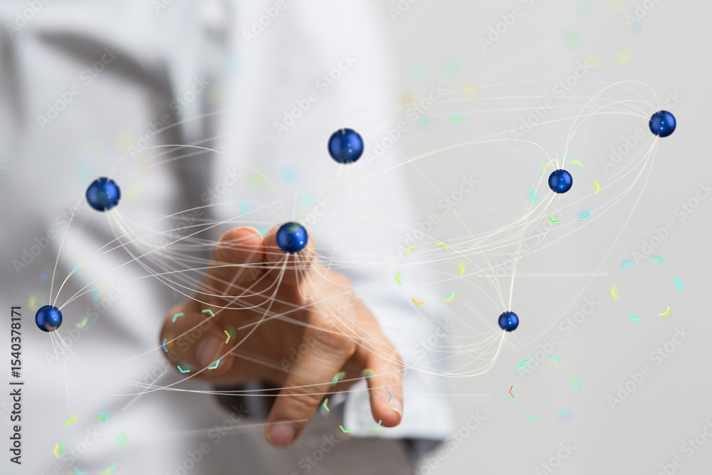 Aufkleber hand interacting with a digital network, illustrating global connectivity and data exchange.
