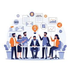 Digital marketing team brainstorming with SEO, content, and email campaign flat icons floating around