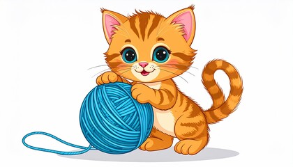 Adorable Kitten Playing with Yarn Ball