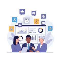 Group of people analyzing business data on tablet and dashboard charts, surrounded by digital icons