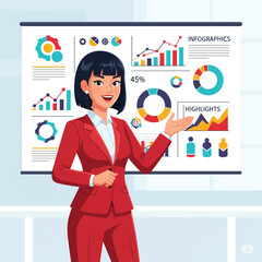 Businesswoman giving a pitch presentation with infographic elements, animated-style flat vector illustration