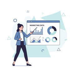 Young entrepreneur presenting data charts in front of a large screen, minimal marketing style flat design illustration