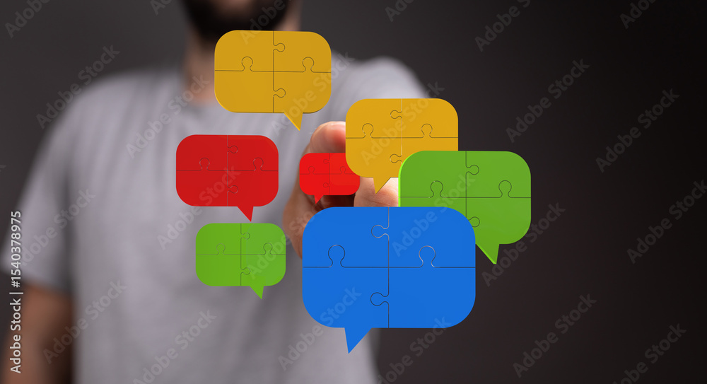 Poster visual of puzzle pieces forming speech bubbles, symbolizing teamwork and effective communication.