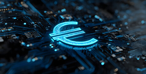 Futuristic glowing euro symbol integrated into a digital circuit board, blue neon style, on a dark abstract background, concept of finance and business,