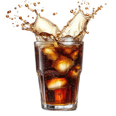 Refreshing cola drink splashing with ice cubes, isolated on transparent background, cutout PNG