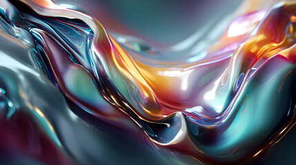 Radiant glossy surface with holographic shades blending into smooth flowing textures, creating a surreal and vibrant atmosphere with glowing accents.