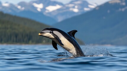 Obraz premium Dolphin breaches ocean surface with mountain backdrop exhibiting black, white, and yellow coloration.