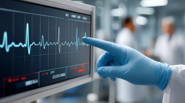 Monitor Displaying EKG with Pointing Gloved Hand