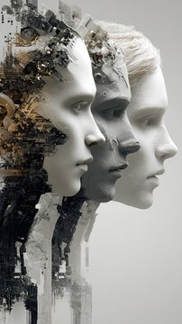 AI artist identity crisis digital portrait, concept-driven AI artist identity crisis artwork for future creative commentary Futuristic digital faces merging with technology.