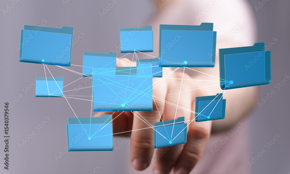 Poster image depicts interconnected digital files, symbolizing secure data sharing, collaboration, and clou