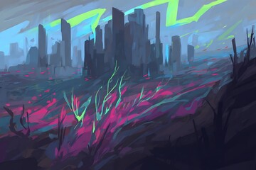 Fototapeta premium Cyberpunk cityscape with fluorescent flora landscape