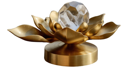 Golden Lotus with a Crystal Gem: A close-up view captures a meticulously crafted golden lotus sculpture, showcasing its intricate details and the prominent placement of a sparkling crystal gem within.