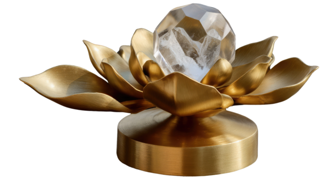 Golden Lotus with a Crystal Gem: A close-up view captures a meticulously crafted golden lotus sculpture, showcasing its intricate details and the prominent placement of a sparkling crystal gem within.